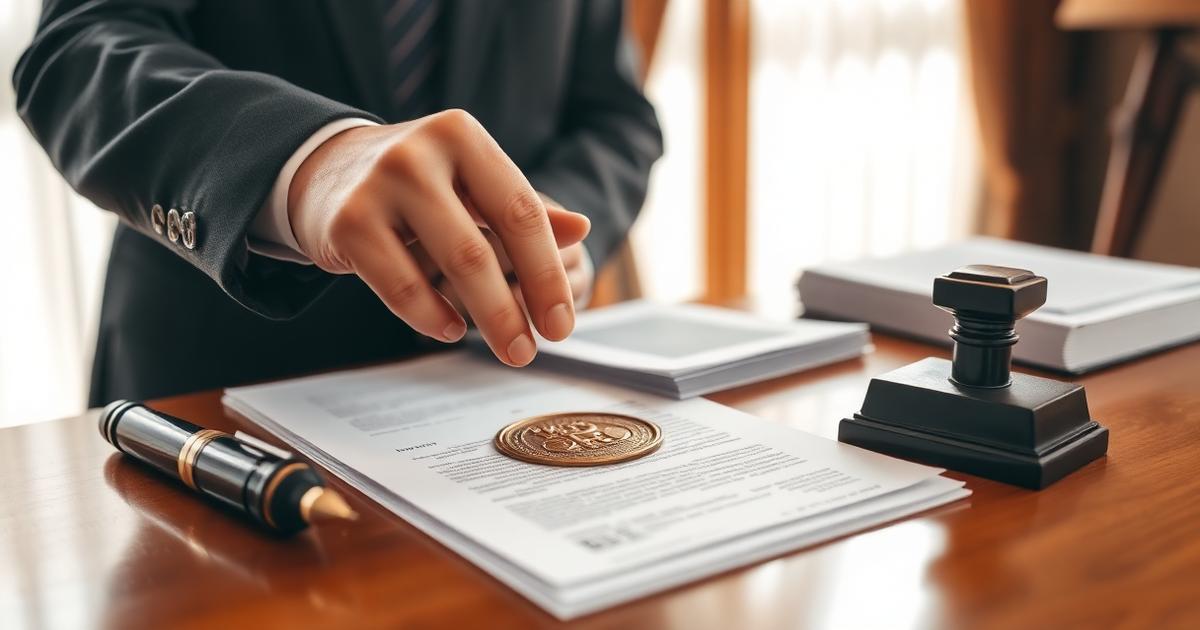 ทนายผู้ทำคำรับรองลายมือชื่อและเอกสาร (Notarial Services Attorney) กำลังประทับตรารับรองเอกสารในสำนักงานกฎหมายที่กรุงเทพฯ